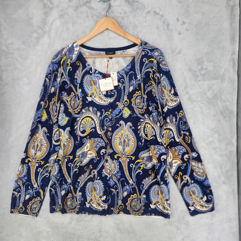 Talbots Cardigan Sweater Womens Size 1X Classics Paisley Navy Blue Button NWT - Picture 4 of 9